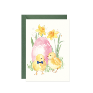 akwarelowa kartka wielkanocna kurczaki żonkile