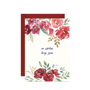 kartka z życzeniami na ślub na wspólną drogę życia z bordowymi kwiatami