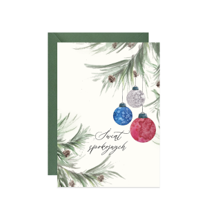 świąteczna kartka z życzeniami z akwarelową ilustracją gałązek z bombkami