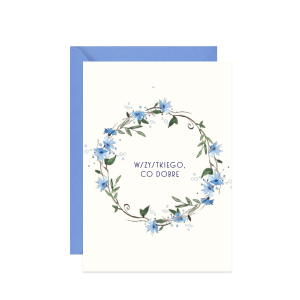 kartka z życzeniami wszystkiego co dobre z akwarelowym wiankiem z chabrów