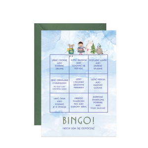 kartka świąteczna z życzeniami zimowa zabawa bingo na Boże Narodzenie