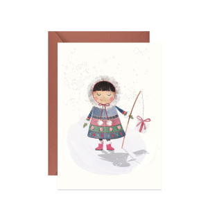 kartka świąteczna zimowa z wesołą eskimoską i prezentem