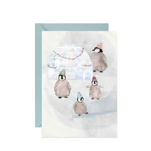 kartka świąteczna zimowa z życzeniami z wesołą rodziną pingwinów