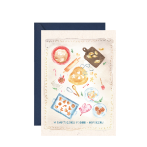 Kartka świąteczna Świąteczny stół z życzeniami na Boże Narodzenie, stołem świątecznych przygotowań i życzeniami W świątecznej pogoni - odpocznij